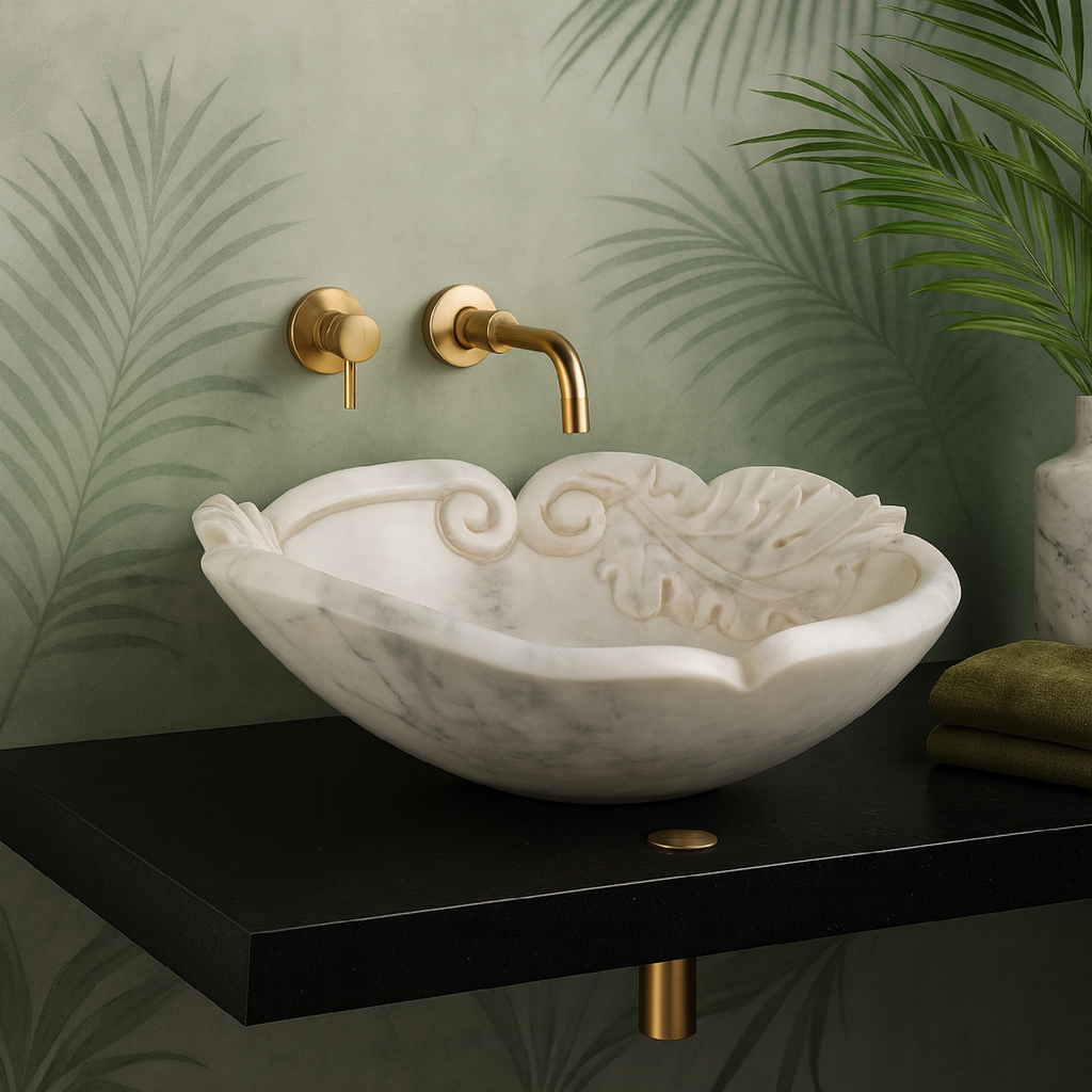 Beyaz Mermer Yaprak Desenli El Oyması Banyo Lavabo – Natural White Marble Sink