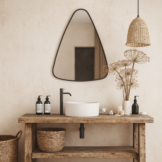 Modern Asimetrik Duvar Aynası – Siyah Çerçeveli Dekoratif Banyo ve Salon Aynası
