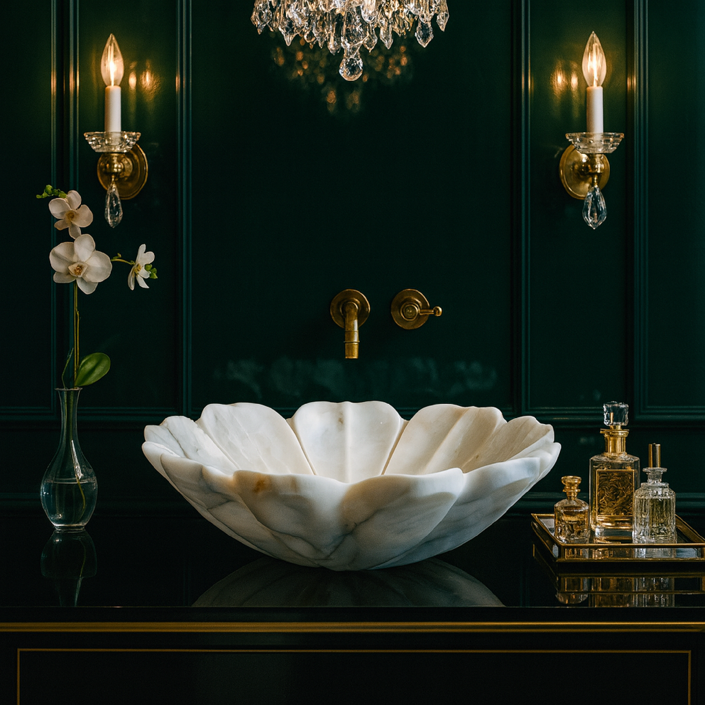 Doğal Mermer Çiçek Formu Lavabo – El Oyması Lüks Tezgâh Üstü Lavabo