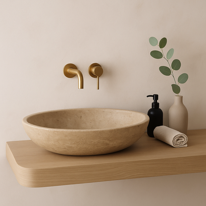 Mocha Traverten Mermer Oval Lavabo – Doğal Taş Banyo Lavabosu (37×50×14 cm)