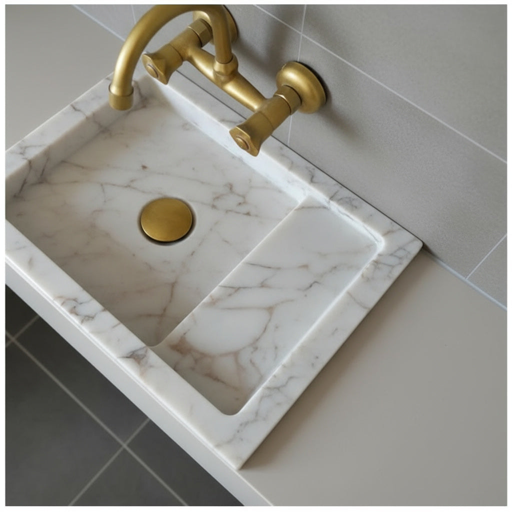 Calacatta Viola Mermer Duvara Monte Lavabo – Özel Üretim Lüks Banyo Lavabosu (36×46×13 cm)