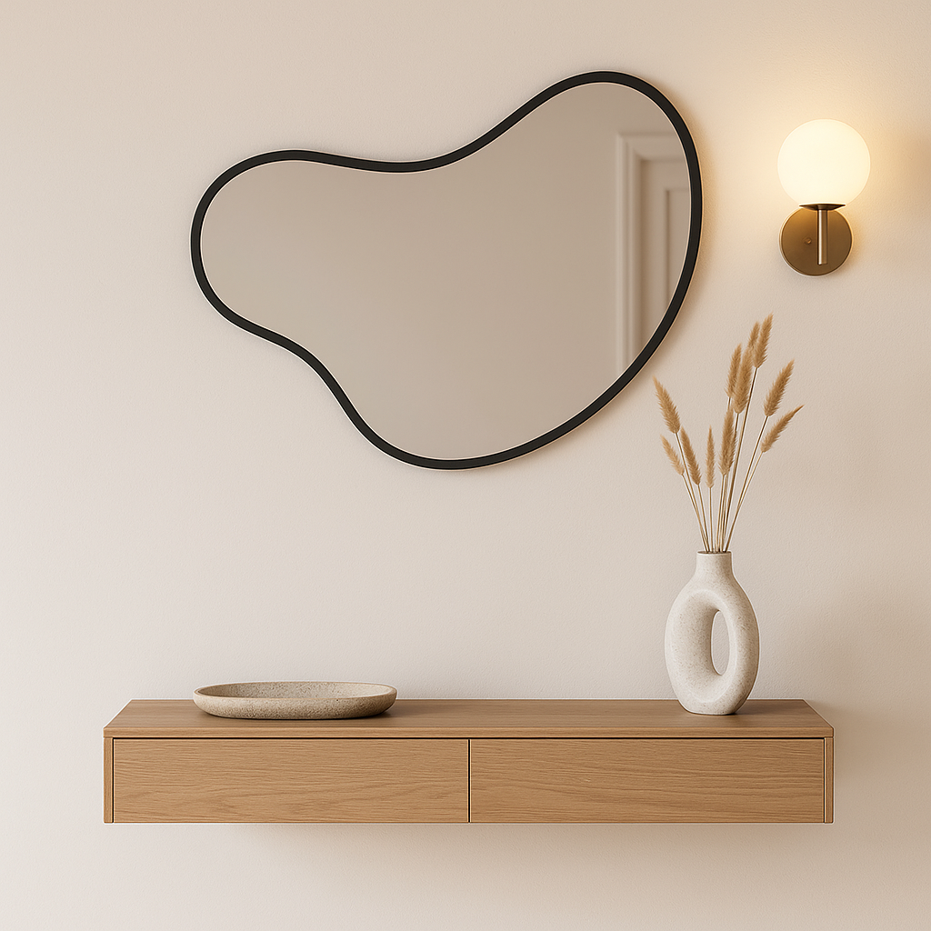 Modern Organik Asimetrik Ayna – Çerçeveli Dekoratif Duvar ve Banyo Aynası | Minimal Tasarım Ayna