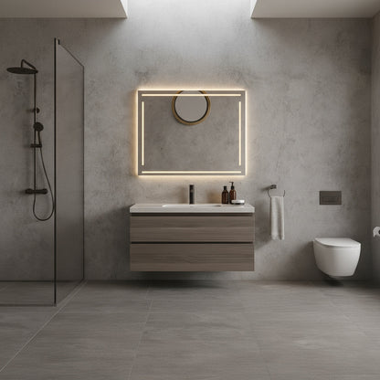 Geometrik Çizgili LED Banyo Aynası – Modern Dikdörtgen Işıklı Duvar Aynası