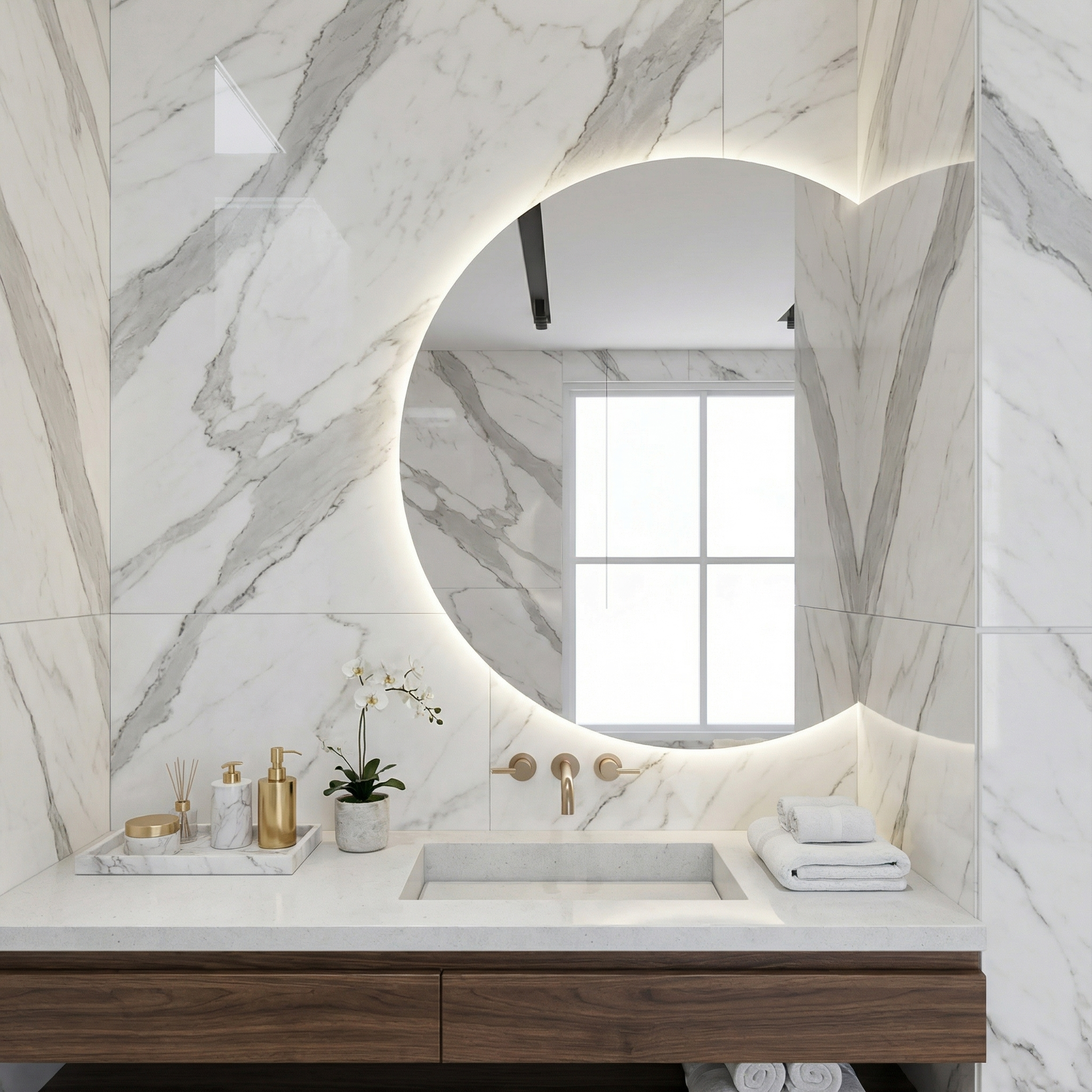 Yarım Ay LED Ayna – Modern Arkadan Aydınlatmalı Banyo Aynası, Minimalist Işıklı Ayna Tasarımı