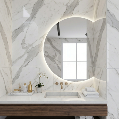 Yarım Ay LED Ayna – Modern Arkadan Aydınlatmalı Banyo Aynası, Minimalist Işıklı Ayna Tasarımı