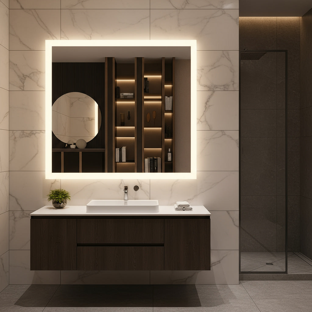 Modern Kare LED Aydınlatmalı Banyo Aynası – Sıcak Işıklı Arka Aydınlatmalı Tasarım