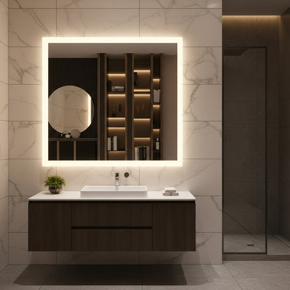 Modern Kare LED Aydınlatmalı Banyo Aynası – Sıcak Işıklı Arka Aydınlatmalı Tasarım