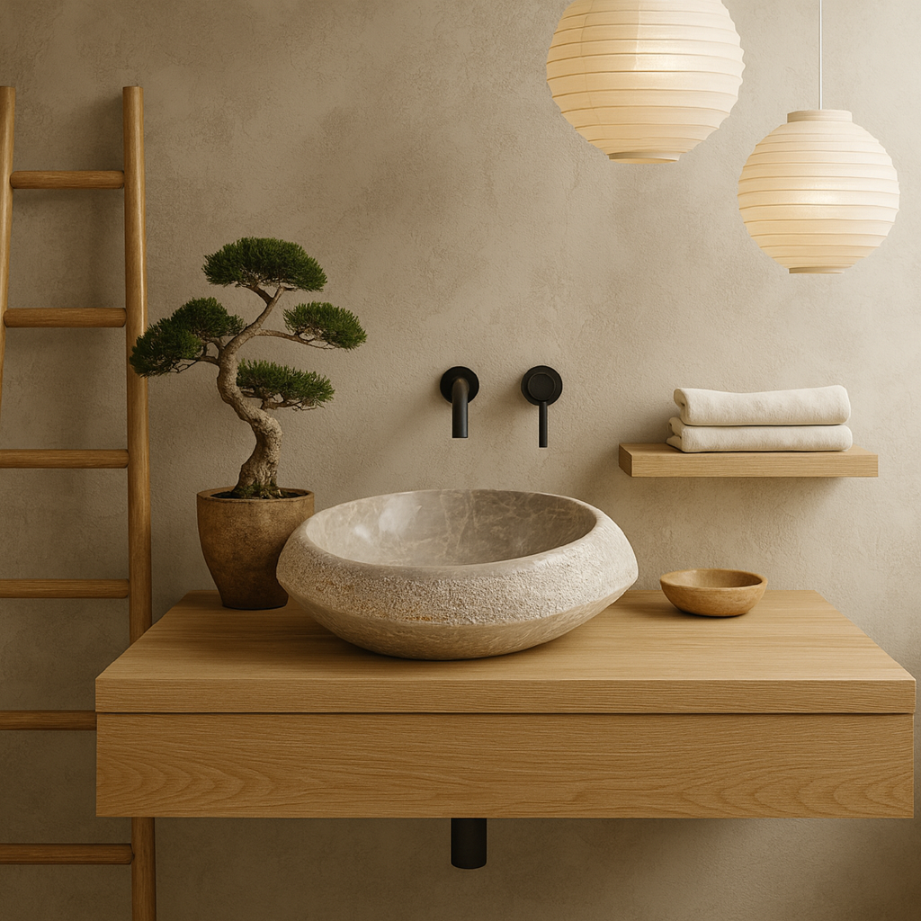 Lüks Doğal Mermer Lavabo – Rustik Dış Yüzeyli El Oyması Banyo Lavabosu