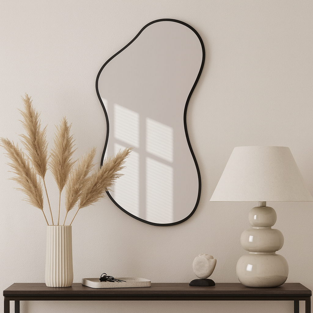 Modern Organik Şekilli Dekoratif Banyo Aynası – Çerçeveli Düzensiz Tasarım Ayna | Minimalist & Japandi Duvar Aynası