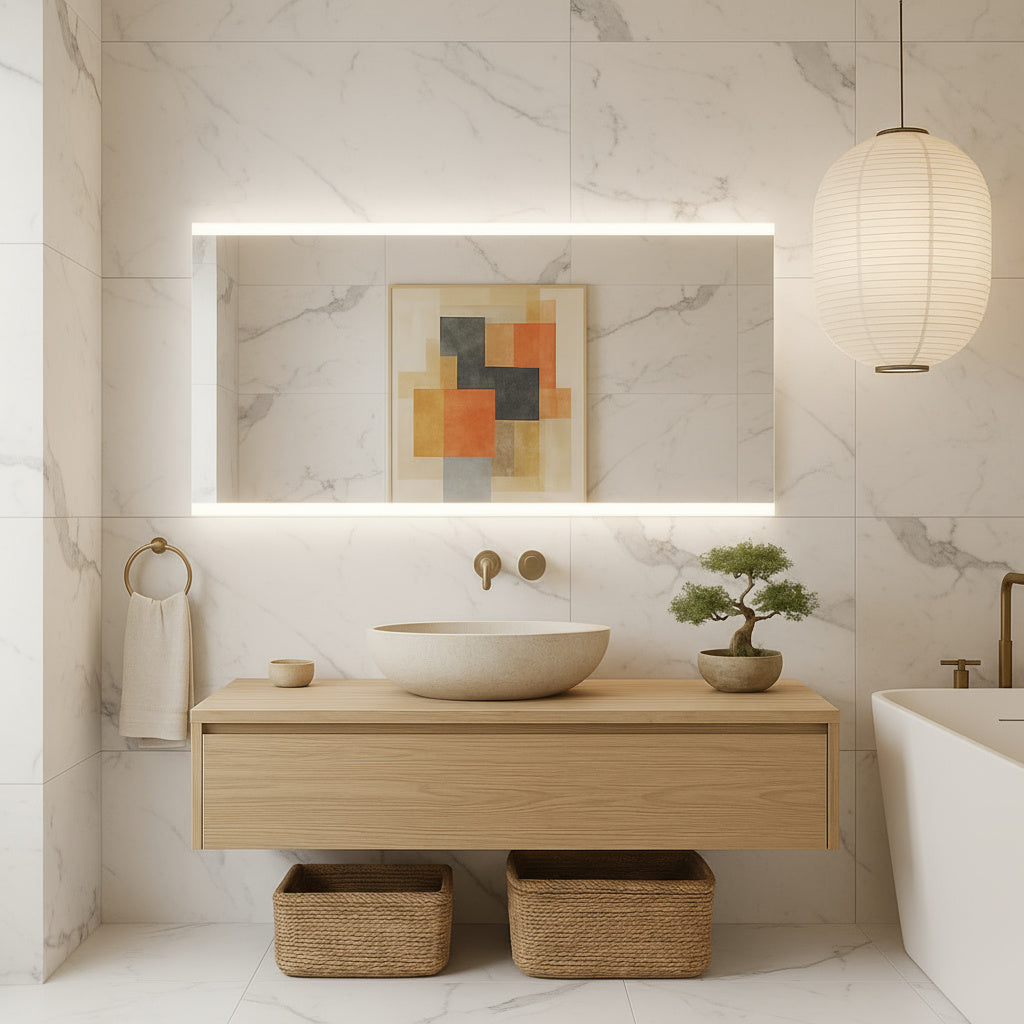 Minimal Dikdörtgen LED Backlit Ayna – Sıcak Işıklı Banyo Dekorasyon Aynası