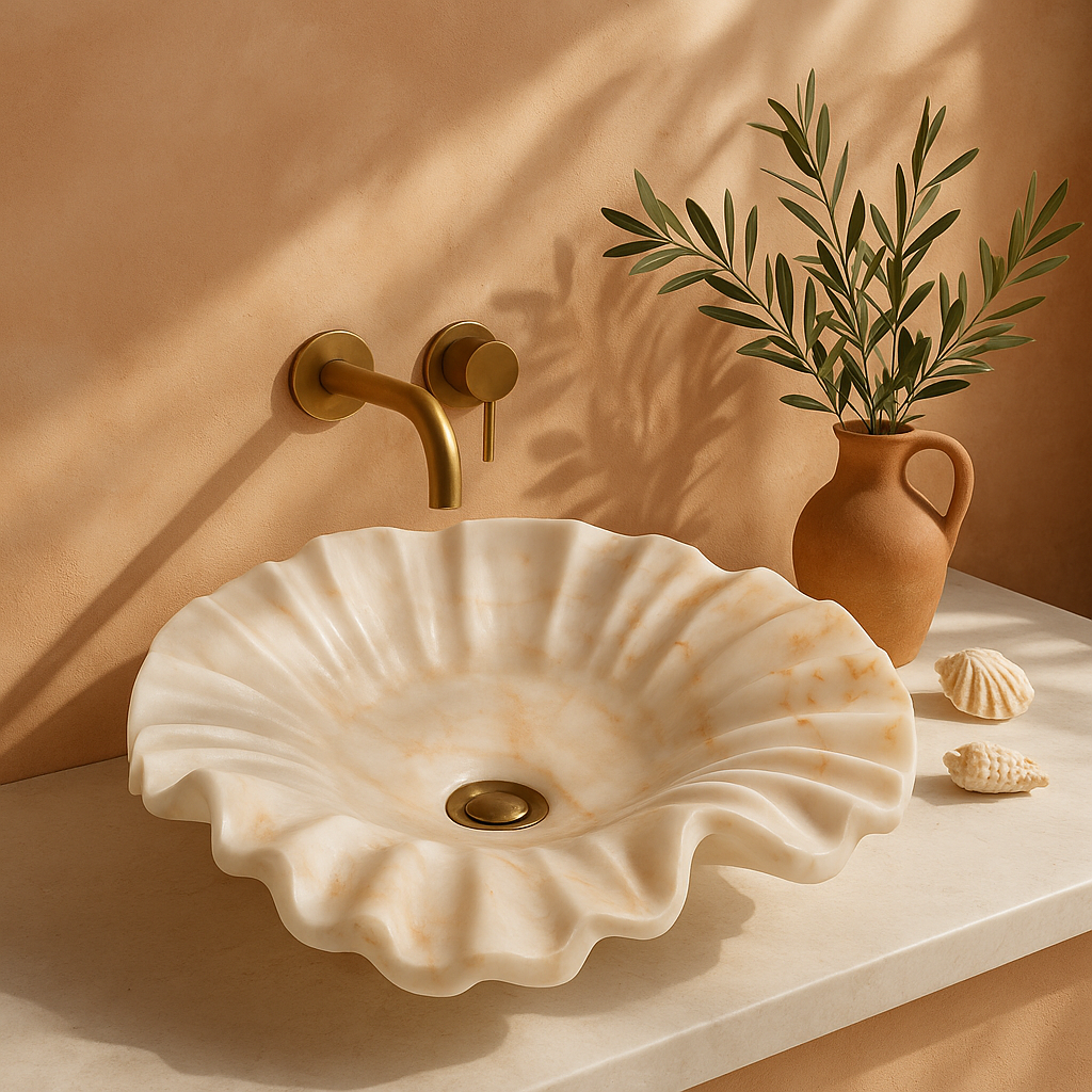 White Onyx Marble Lavabo – Doğal White Onyx Mermer Tezgâh Üstü Banyo Lavabosu (L 60 × W 40 × H 15 cm)