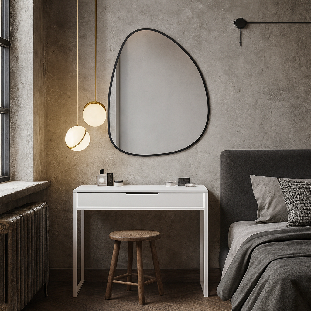 Modern Asimetrik Banyo Aynası – Çerçeveli Organik Form Dekoratif Duvar Aynası