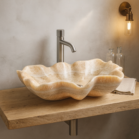 Honey Onyx Marble Lavabo – Doğal Honey Onyx Mermer Tezgâh Üstü Banyo Lavabosu (L 65 × W 45 × H 16 cm)