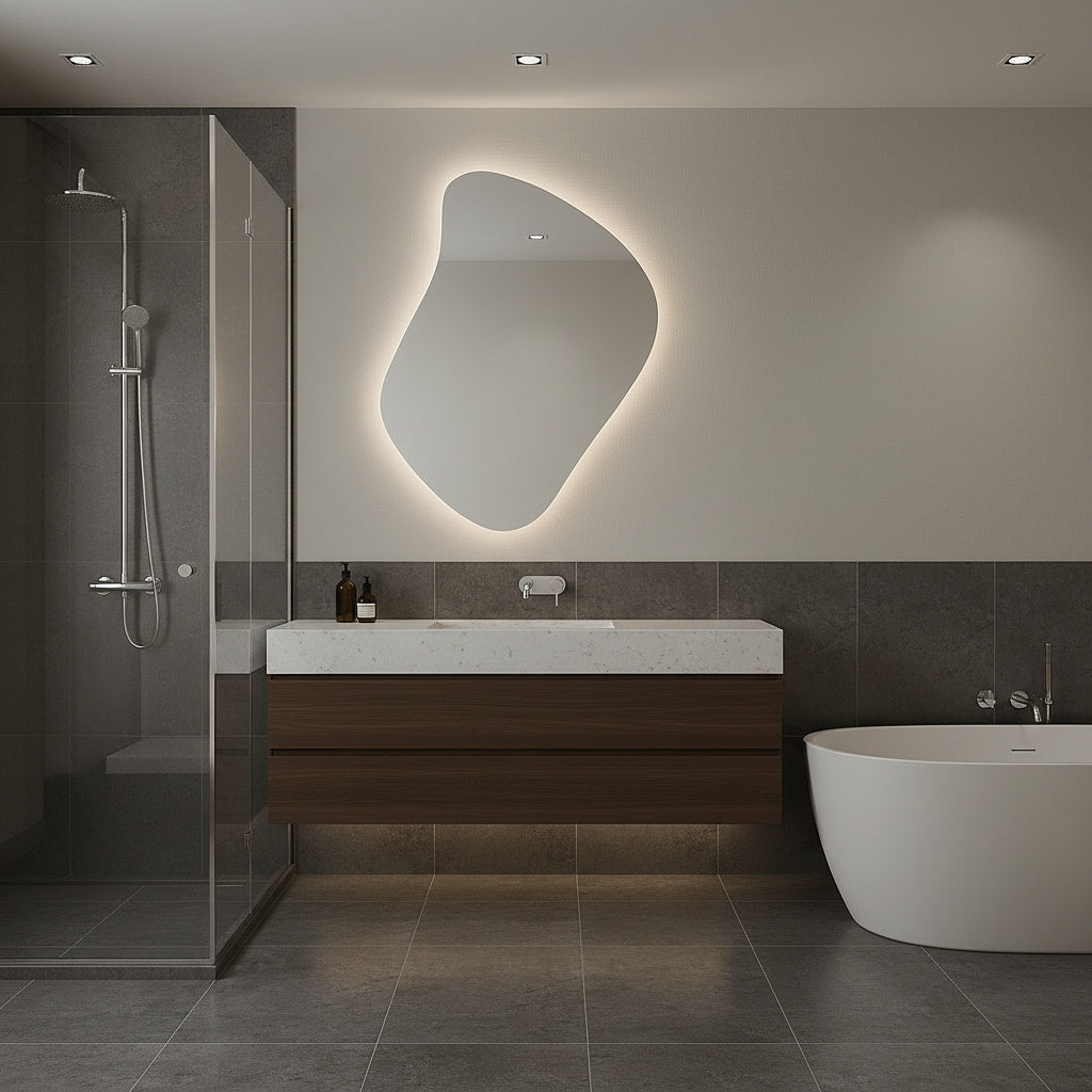 Modern Asimetrik LED Ayna – Organik Şekilli Dekoratif Duvar Ayna Modeli | Banyo, Yatak Odası, Antre İçin Tasarım Ayna