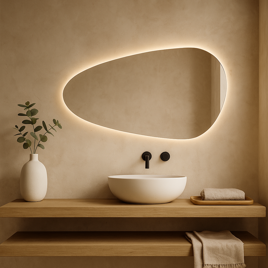 Organik Şekilli LED Banyo Aynası – Modern Arkadan Aydınlatmalı Işıklı Ayna, Minimalist Tasarım
