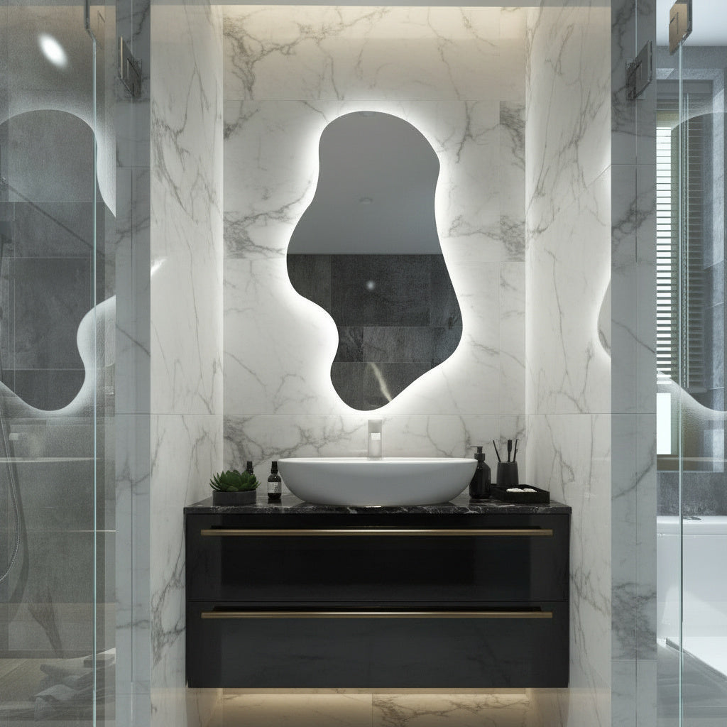 Asimetrik LED Ayna | Modern Organik Şekilli Işıklı Duvar ve Banyo Aynası – Dekoratif Tasarım