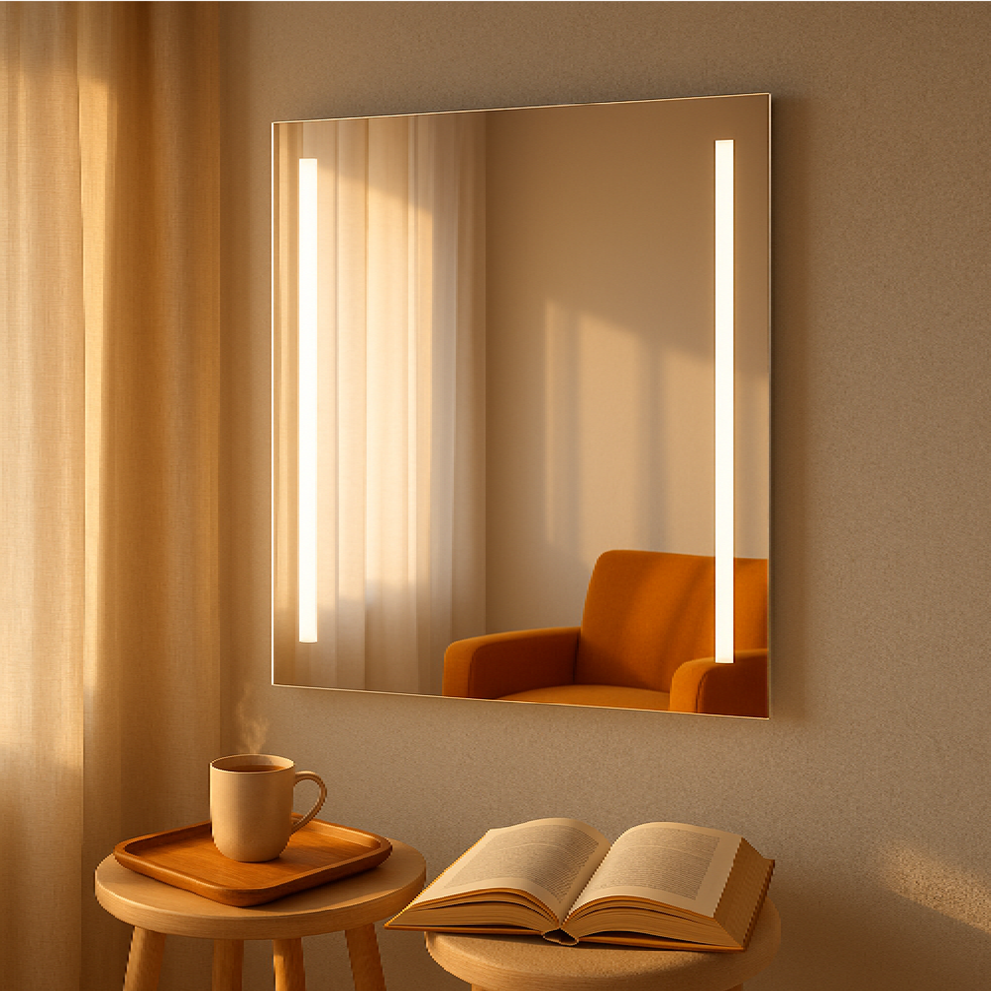 Modern Strip LED Ayna – Dikey Işıklı Minimal Tasarım Duvar Aynası