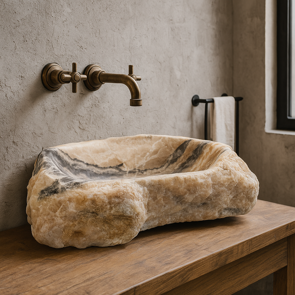 Doğal Oniks Kaya Formu Mermer Lavabo – El Oyma Tezgâh Üstü Doğaltaş Banyo Lavabosu (L 40 × W 55 × H 14 cm)