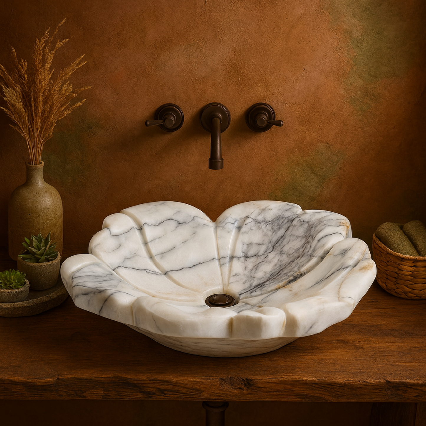 White Marble Lavabo – Doğal Panda White Mermer Tezgâh Üstü Banyo Lavabosu (L 57 × W 50 × H 14 cm)