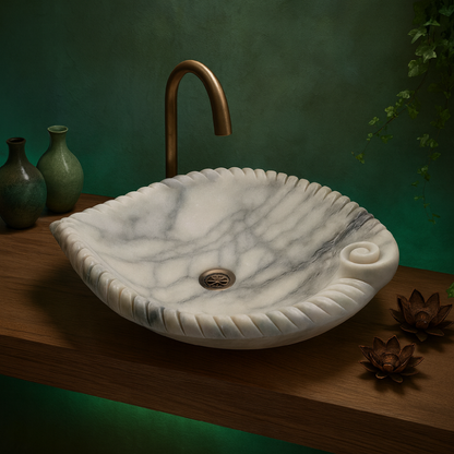 White Marble Lavabo – Doğal White Marble Tezgâh Üstü Banyo Lavabosu (L 45 × W 55 × H 14 cm)