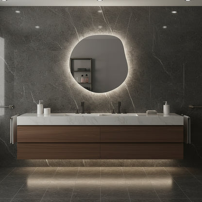 Modern LED Aydınlatmalı Asimetrik Ayna – Organik Form Dekoratif Duvar ve Banyo Aynası