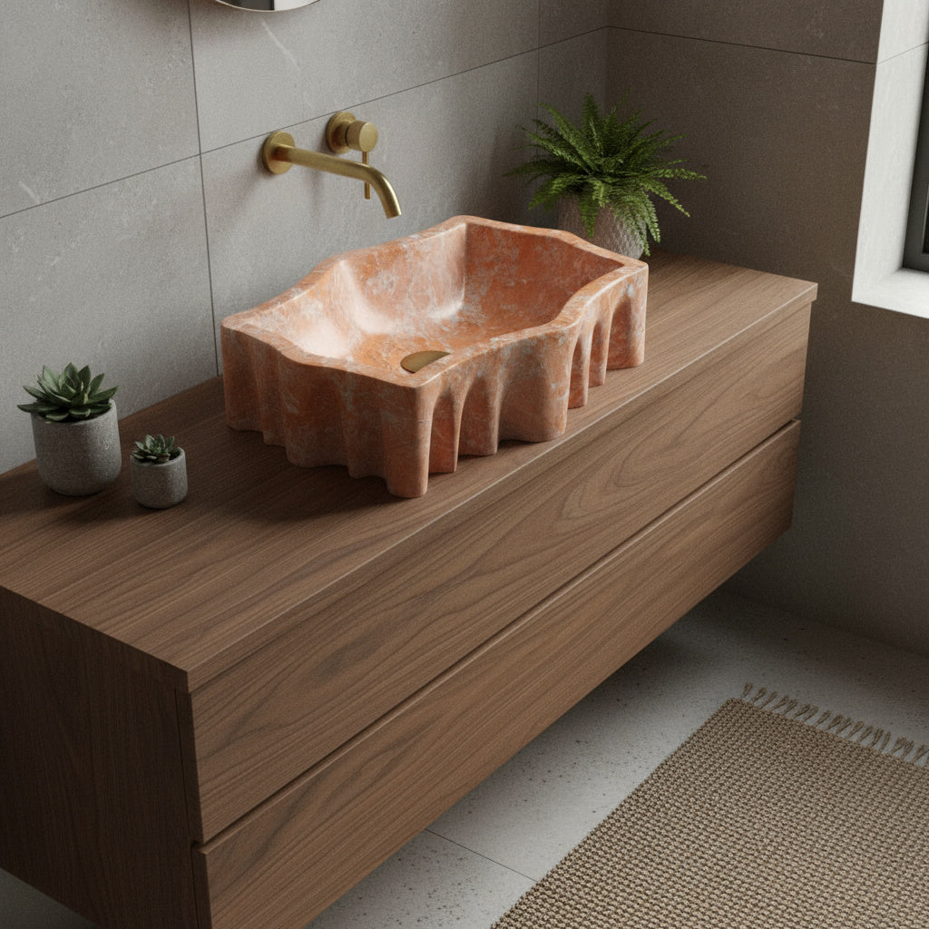 Rosso Verona Turuncu Mermer Lavabo – El Yapımı Doğal Taş Banyo Lavabosu, Lüks Tezgâh Üstü Mermer Lavabo (55×42×14 cm)