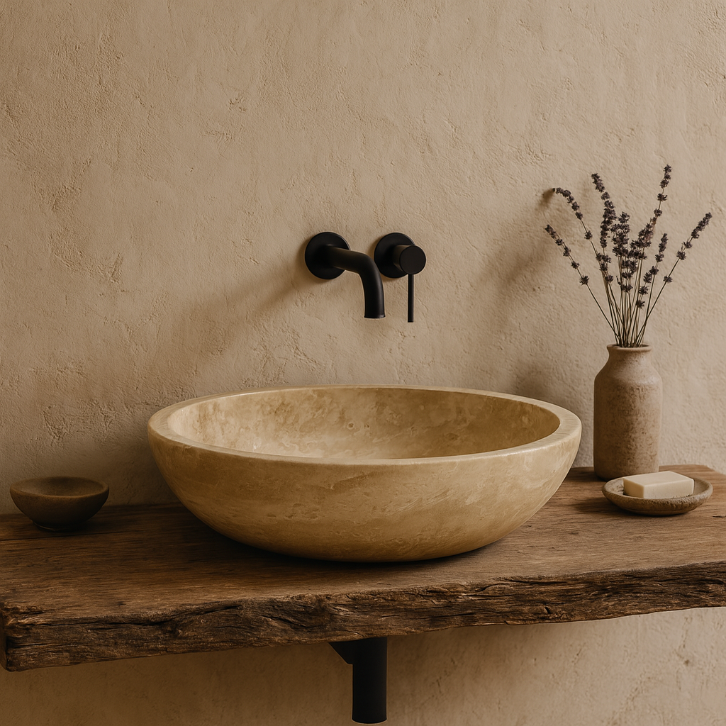 Light Travertine Mermer Lavabo – Doğal Traverten Taş Banyo Lavabosu | 40,5 × 40,5 × 10 cm