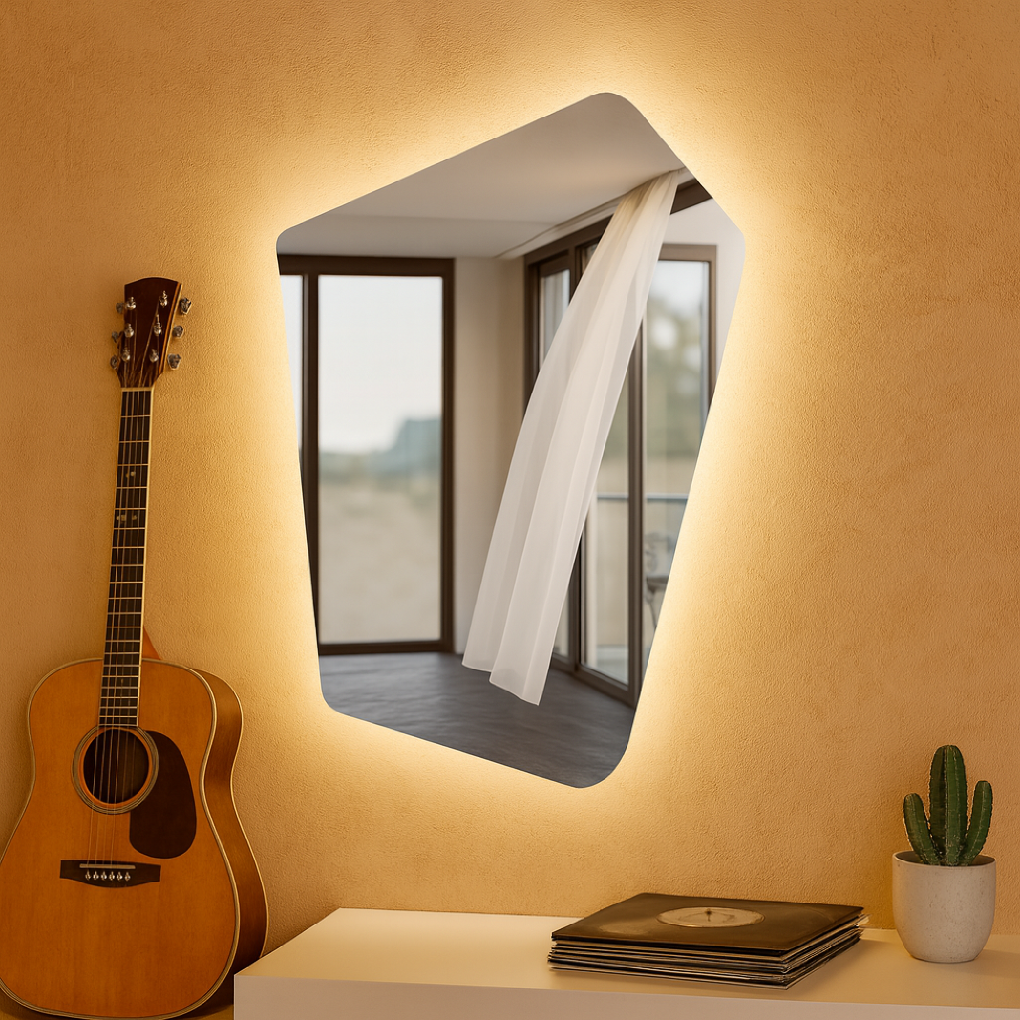 Asimetrik LED Işıklı Ayna – Minimal ve Şık Düzensiz Form Banyo Duvar Aynası