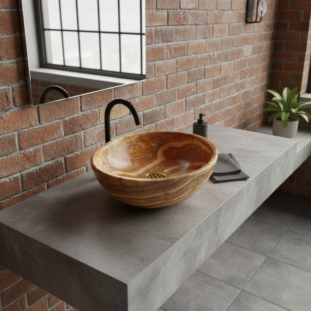 Turuncu Oniks Mermer Lavabo – El Oyması Doğal Taş Banyo Lavabosu, Yuvarlak Oniks Tezgâh Üstü Lavabo