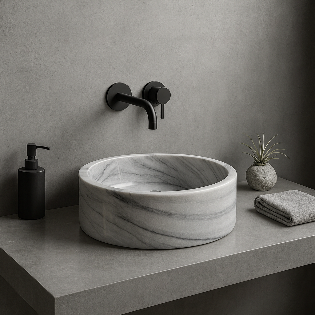 Grey Marmara Mermeri Yuvarlak Lavabo – El İşçiliği Doğal Taş Banyo Lavabosu (42×42×15 cm)