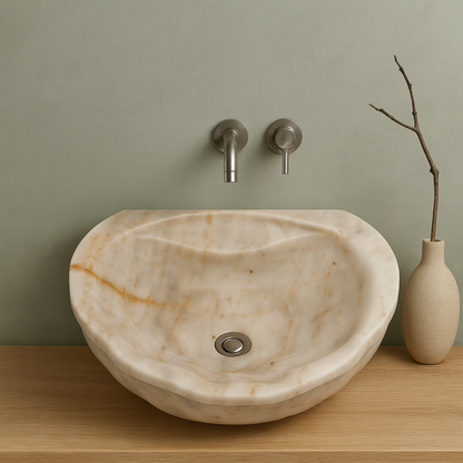 Bej Oniks Mermer Lavabo – El Yapımı Doğal Taş Banyo Lavabosu (50×40×15 cm)