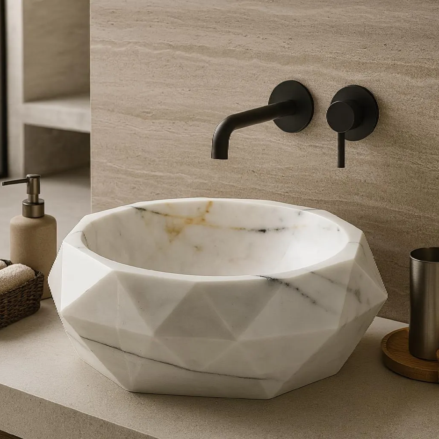 Beyaz Carrara Mermer Sekizgen Tasarım Lavabo – El Oyması Modern Mermer Banyo Lavabosu (42×42×14 cm)