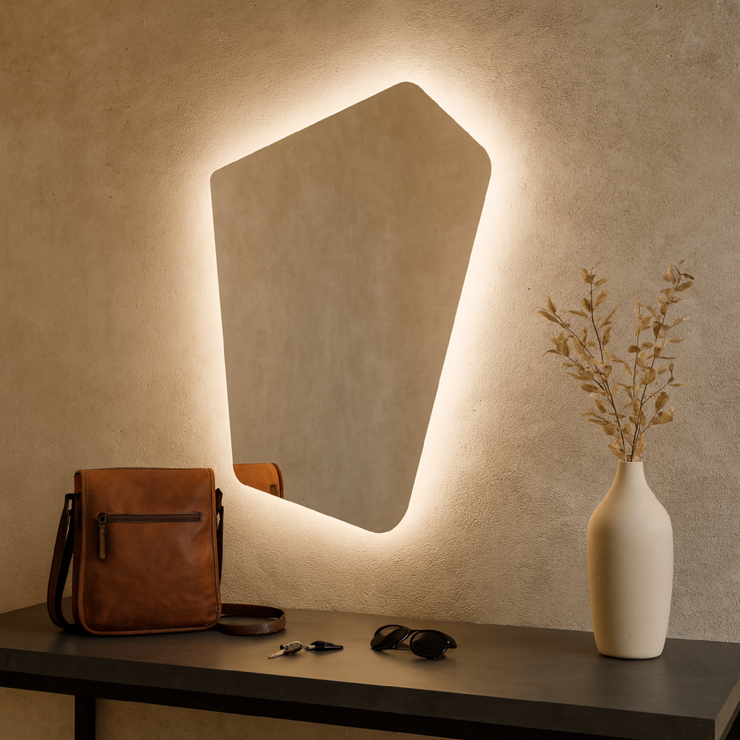 Asimetrik LED Işıklı Ayna – Minimal ve Şık Düzensiz Form Banyo Duvar Aynası