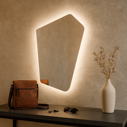 Asimetrik LED Işıklı Ayna – Minimal ve Şık Düzensiz Form Banyo Duvar Aynası