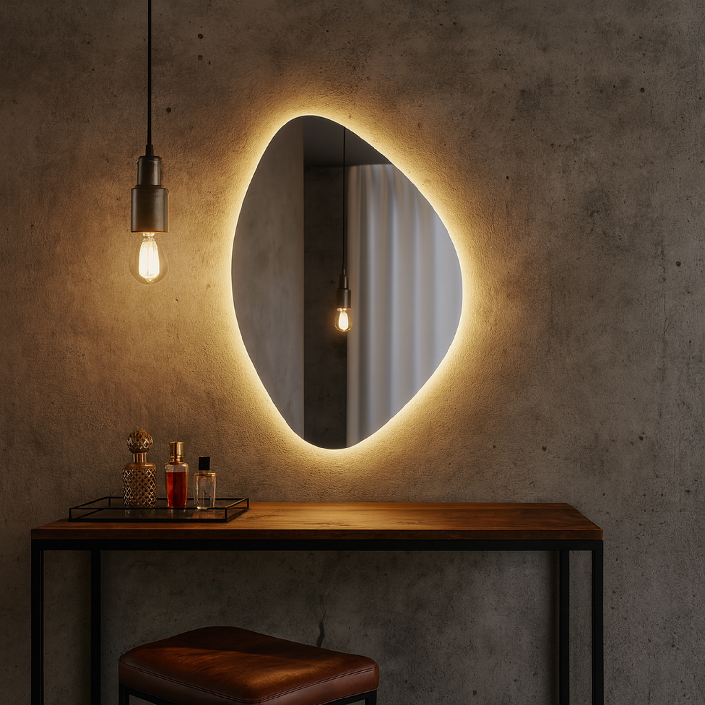 LED Işıklı Asimetrik Ayna – Modern Dekoratif Duvar Aynası, Arkadan Aydınlatmalı Banyo & Salon Aynası