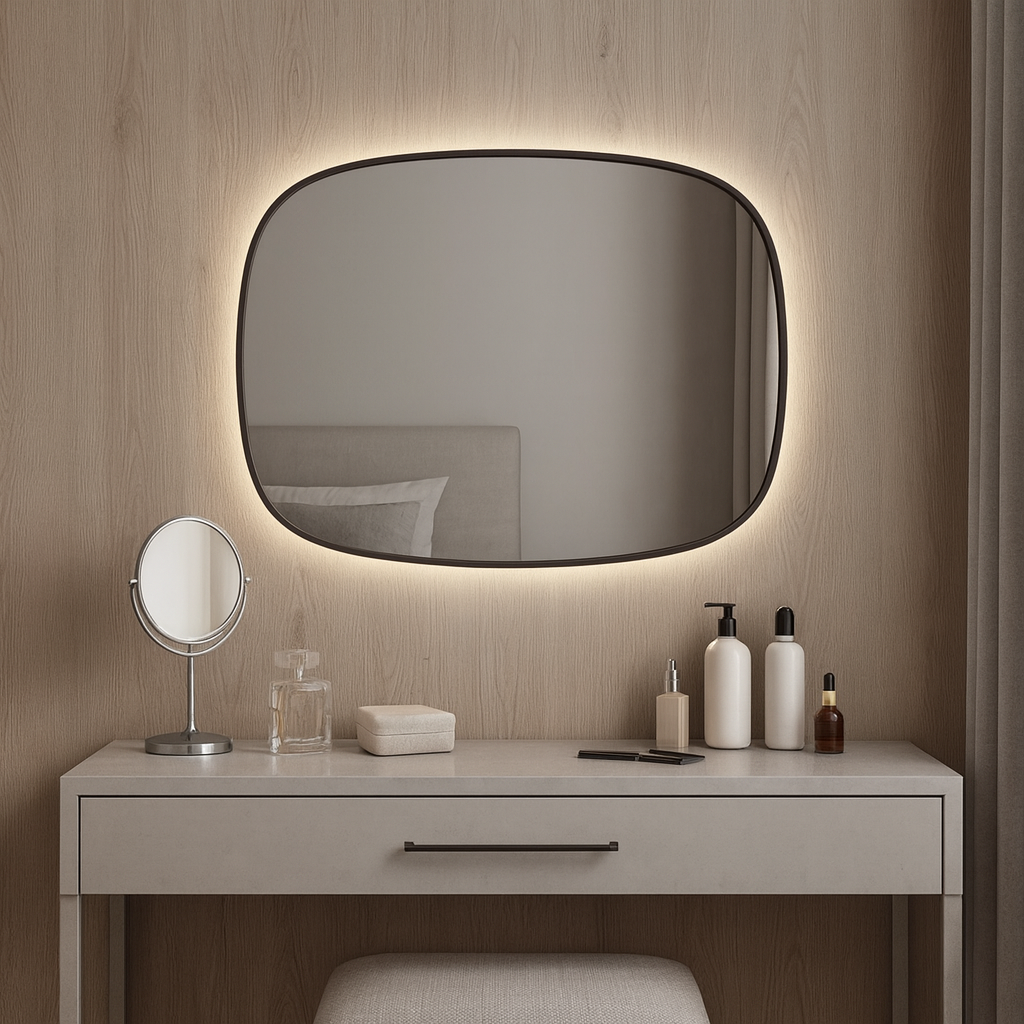 Asimetrik LED Ayna – Modern Organik Form Banyo Aynası, Arka Işıklı Tasarım, Dekoratif Duvar Aynası
