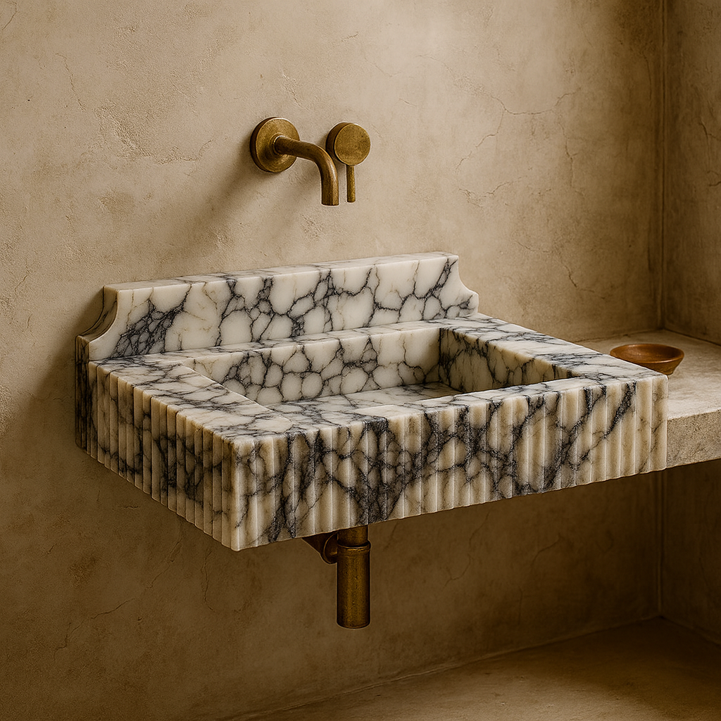 Calacatta Viola Mermer Çift Lavabolu Özel Tasarım Banyo Lavabosu – Fluted (Yivli) Blok Mermer Tezgâh Üstü Modeli – L90 × W50 × H30,5 cm