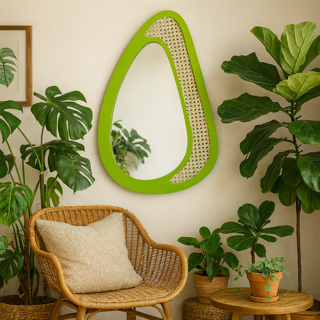 Rattan Çerçeveli Organik Ayna – Modern Dekoratif Duvar Aynası | Tasarım Ayna, Rattan Ayna, Salon & Genç Odası Dekoru