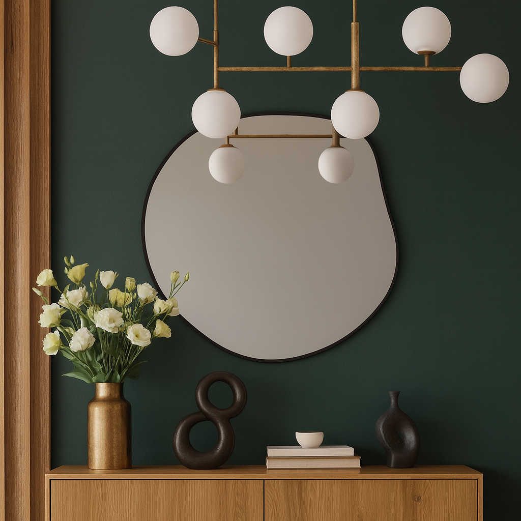 Modern Asimetrik Duvar Aynası – Organik Form Yuvarlak Banyo Aynası Çerçeveli | Dekoratif Minimal Ayna