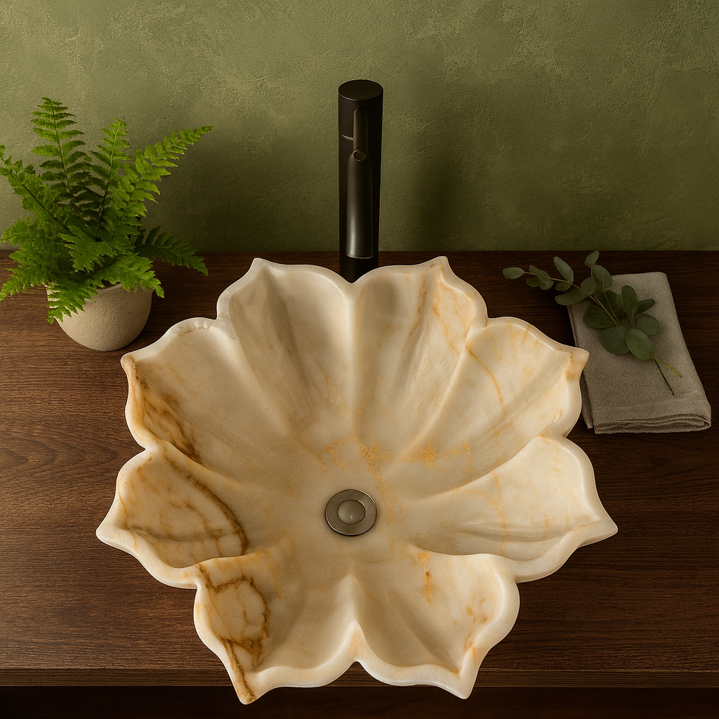 Beyaz Oniks Mermer Çiçek Formlu Lavabo – El Oyması Doğal Taş Banyo Lavabosu | L48×W48×H15 cm