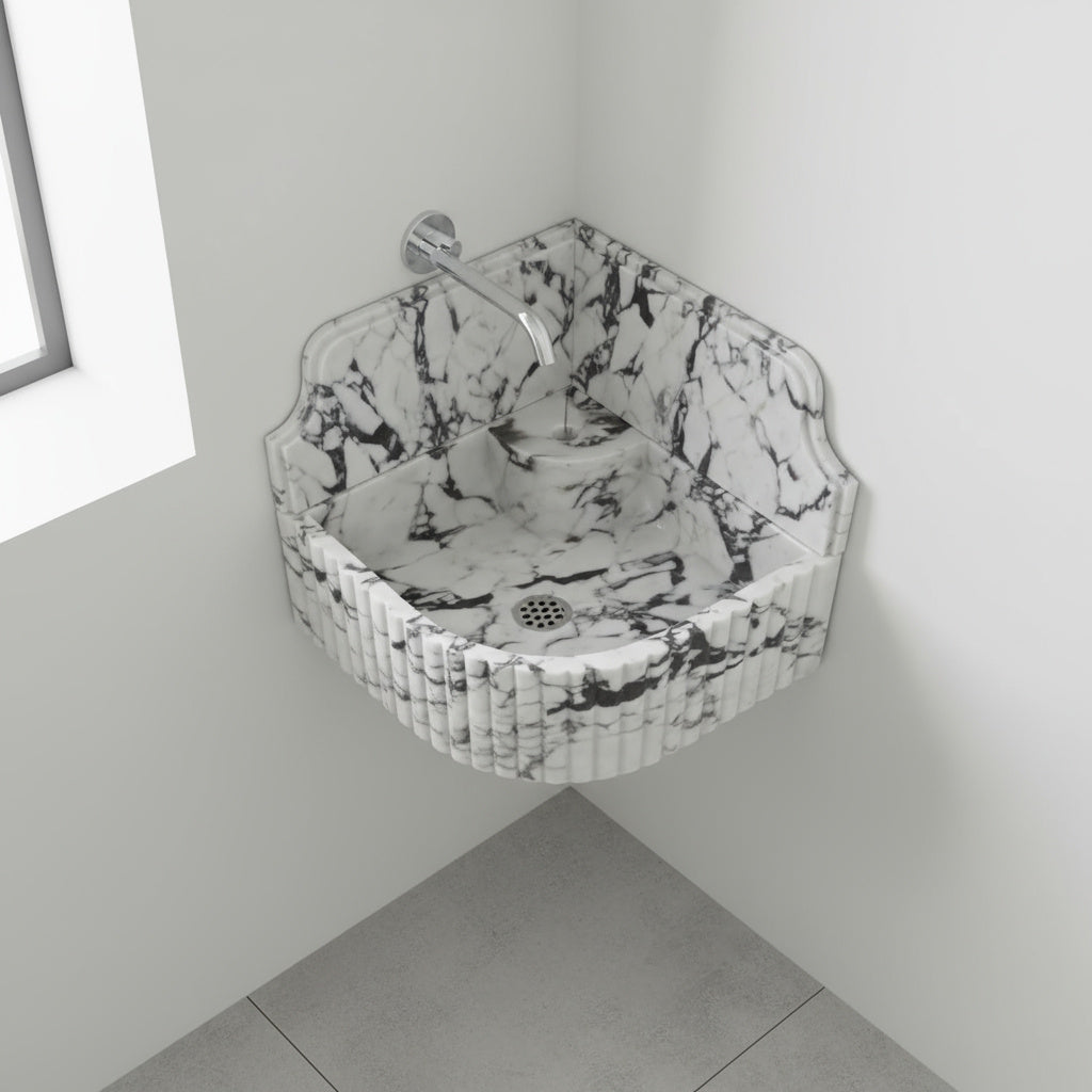 Calacatta Viola Mermer Duvar Tipi Köşe Lavabo – El Yapımı Lüks Köşe Mermeri Lavabo (41×41×20 cm)