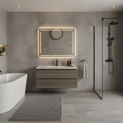 Geometrik Çizgili LED Banyo Aynası – Modern Dikdörtgen Işıklı Duvar Aynası