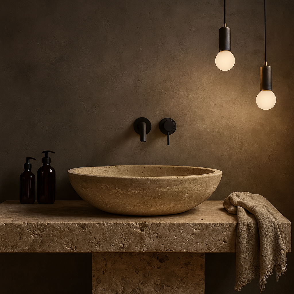 Mocha Traverten Mermer Oval Lavabo – Doğal Taş Banyo Lavabosu (37×50×14 cm)