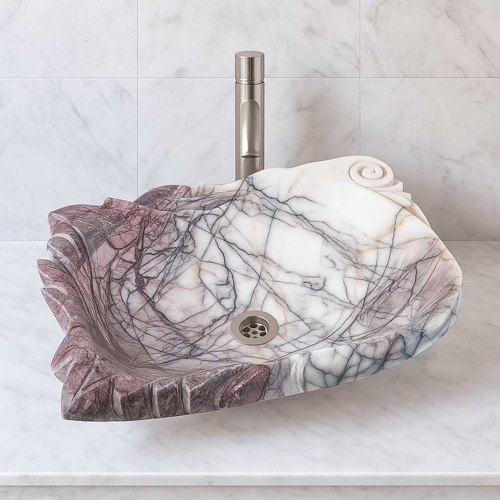 Lila White Marble Lavabo – El Oyması Lila Beyaz Mermer Banyo Lavabosu | L 55 × W 40 × H 14 cm