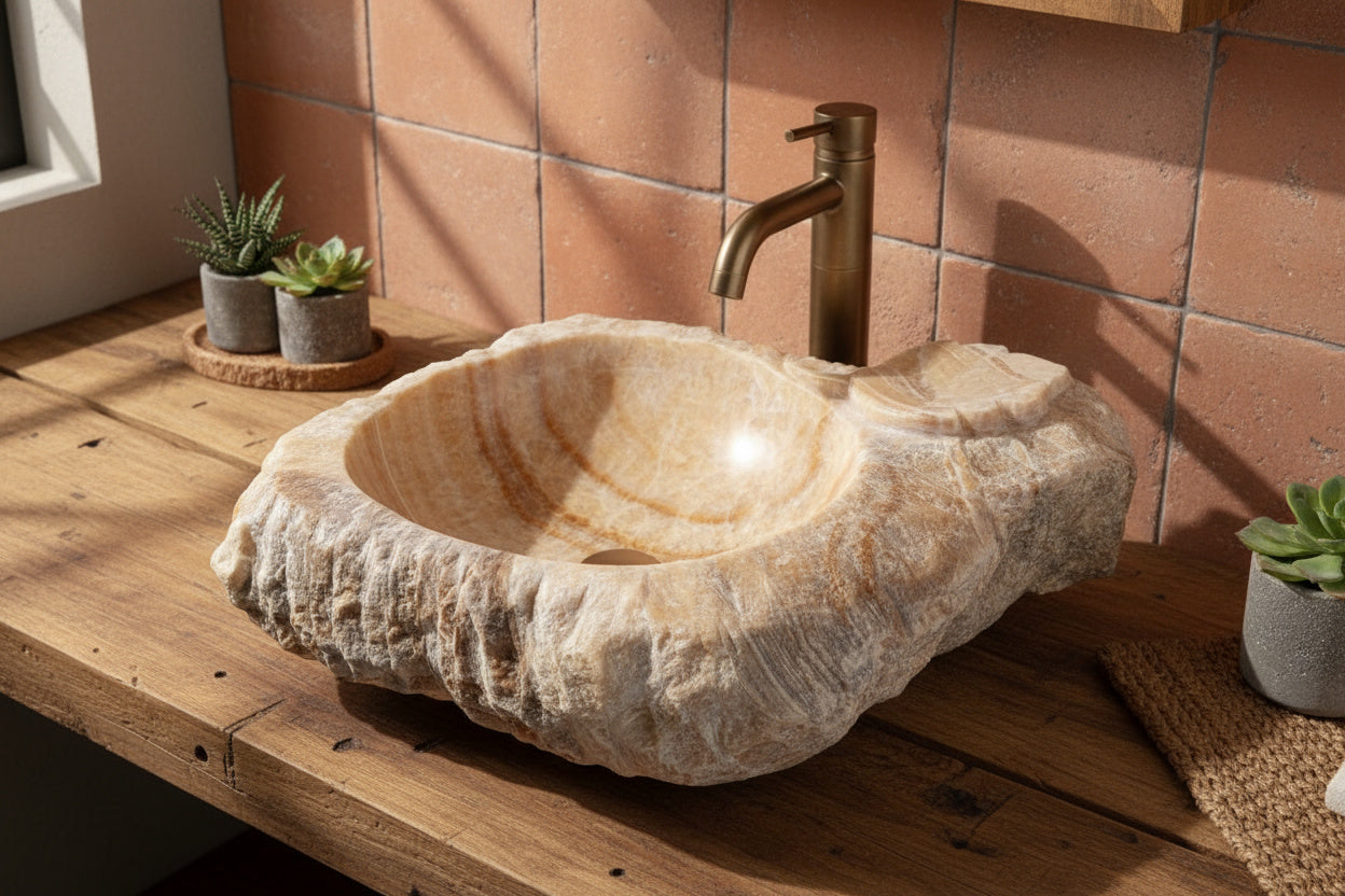 Honey Onyx Marble Lavabo – Doğal Honey Onyx Mermer Tezgâh Üstü Banyo Lavabosu (L 55 × W 45 × H 14 cm)