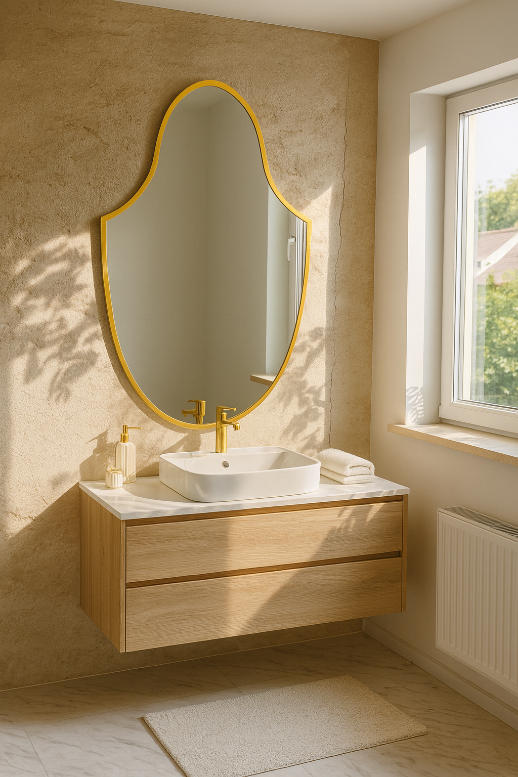 Altın Çerçeveli Dekoratif Duvar Aynası – Modern Oval Salon Aynası Tasarımı