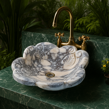 El Oyma Çiçek Formlu Mermer Lavabo – Lüks Doğal Taş Tezgâh Üstü Banyo Lavabosu (L 42 × W 42 × H 14 cm)