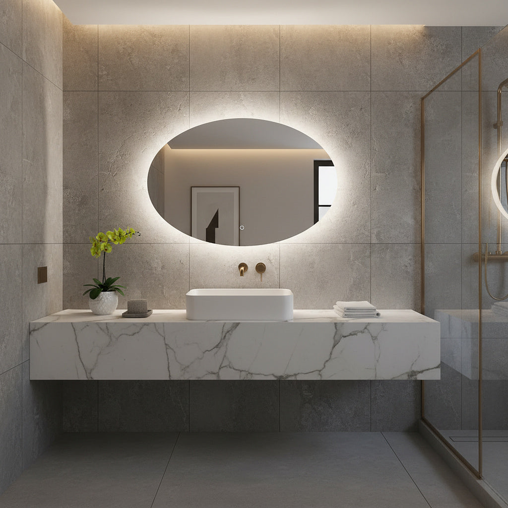 Modern Oval LED Ayna – Işıklı Dekoratif Banyo Aynası | Şık Duvar Aksesuarı