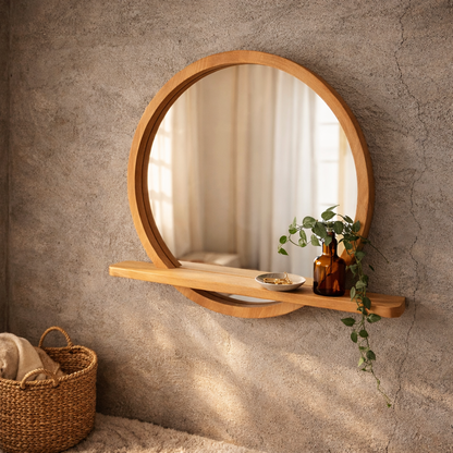 Raflı Masif Kayın Ağacı Yuvarlak Ayna – İskandinav Tarzı Antre ve Banyo Aynası