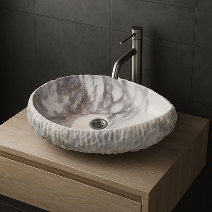 Doğal Mermer Lavabo – Krem & Pembe Damar Desenli Tezgâh Üstü Doğaltaş Banyo Lavabosu (L 55 × W 40 × H 14 cm)
